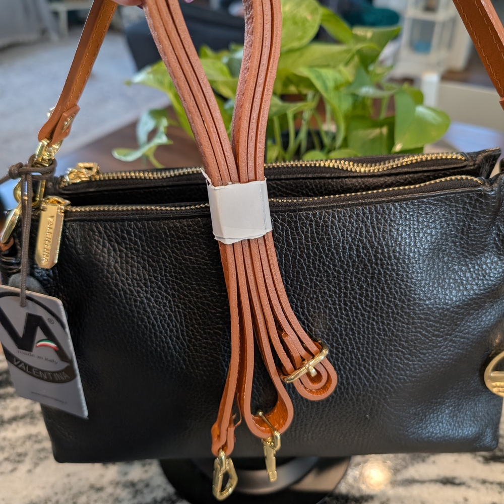 Valentina Black Leather Shoulder Bag with Tan Straps - Picture 4 of 9